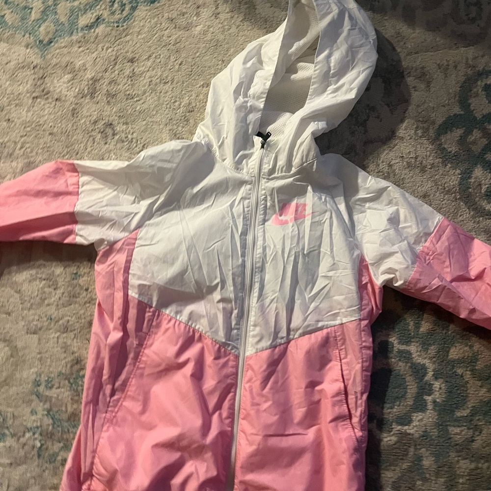 Nike Pink and White Raincoat with Hood and Lightweight Design